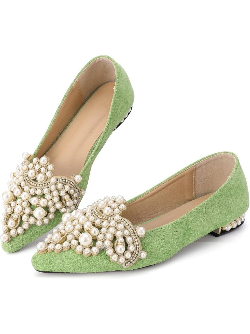 〽️Women's Green Slip On Low Heel Bling Rhinestone Pointed Comfort Flats Shoes - Picture 1 of 6